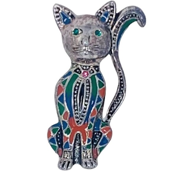 VTG Guilloche Siamese Cat Brooch Pin 2 1/8" Silver Tone Ethnic Multicolor - Picture 1 of 6